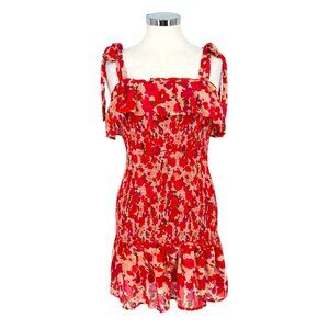 TCEC Red Pink Floral Smocked Mini Dress Ruffle Hem Tie Straps Size Large